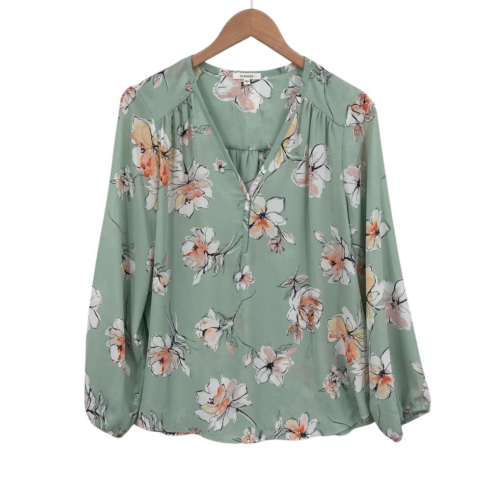 Pleione Blouse Top Womens Large Light Green Floral Pleated Balloon Sleeve V-Neck